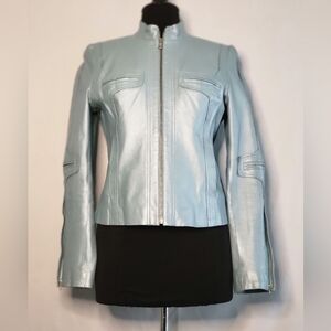 Guess Light Blue  Leather Jacket  Featuring a Flattering Fit